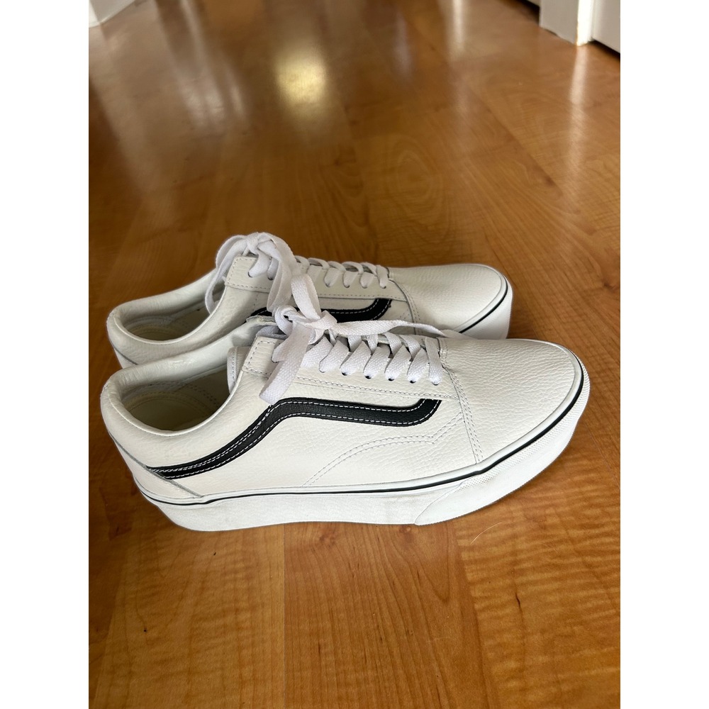 Vans Old Skool White Tumbled Leather Low Top Platform Sneakers Black Stripe 9.5